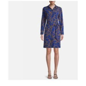 C. Wonder dress Blue Chain Print Long Sleeve tie belt shirtdress size large new